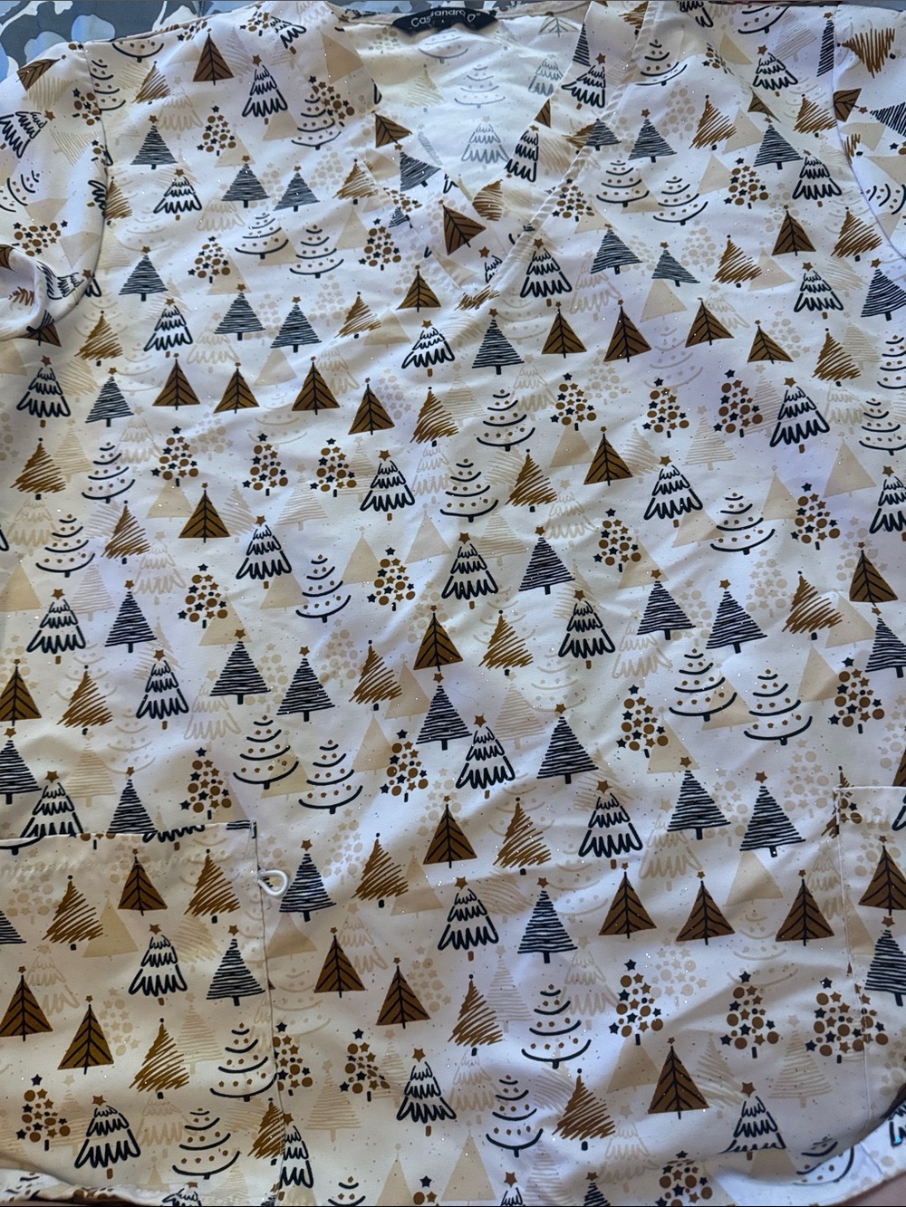 Decorative Holiday Tree Print scrub top White, Gold, Black